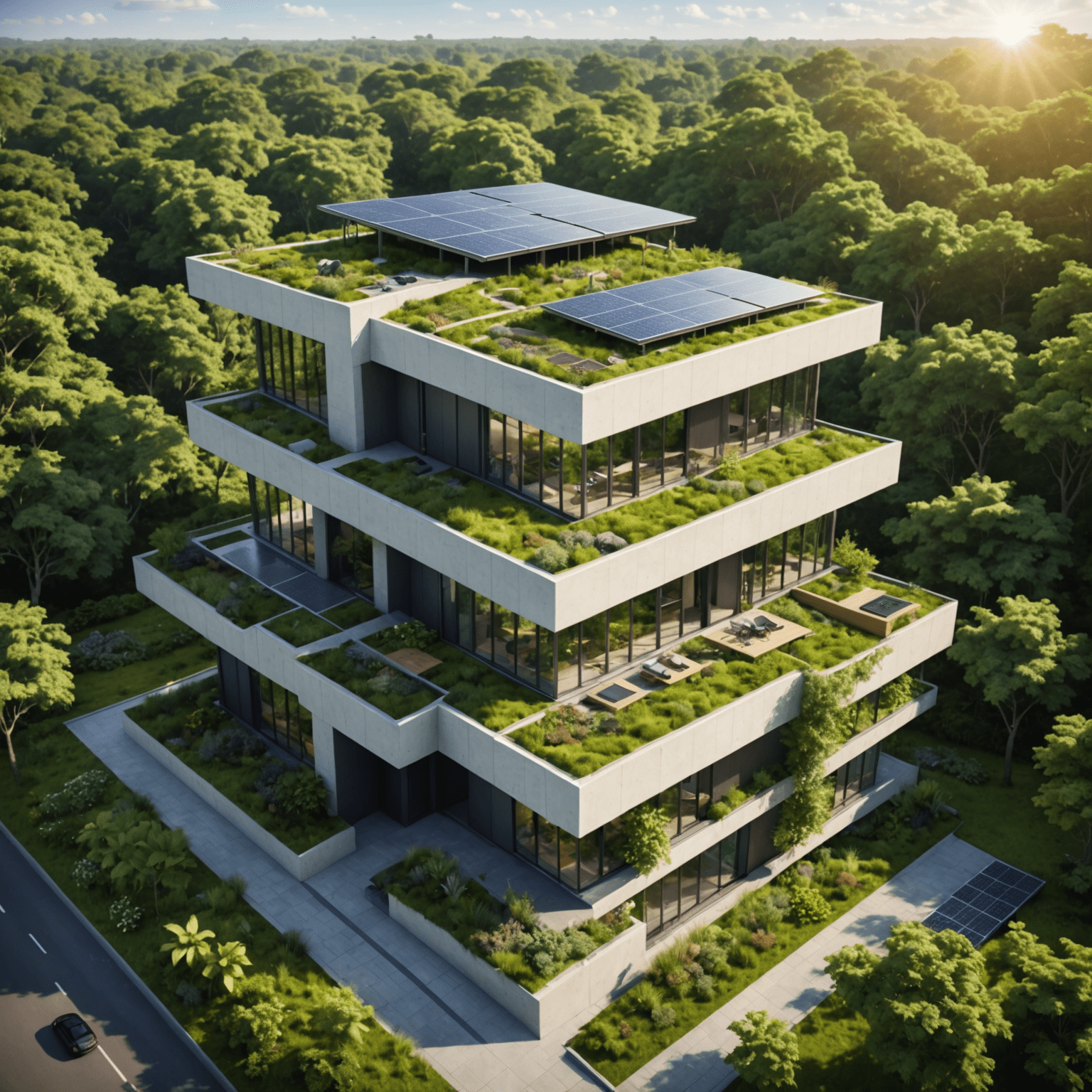 Architectural rendering of a sustainable building with green roofs, solar panels, and surrounded by lush vegetation. The building showcases modern design elements integrated with nature.