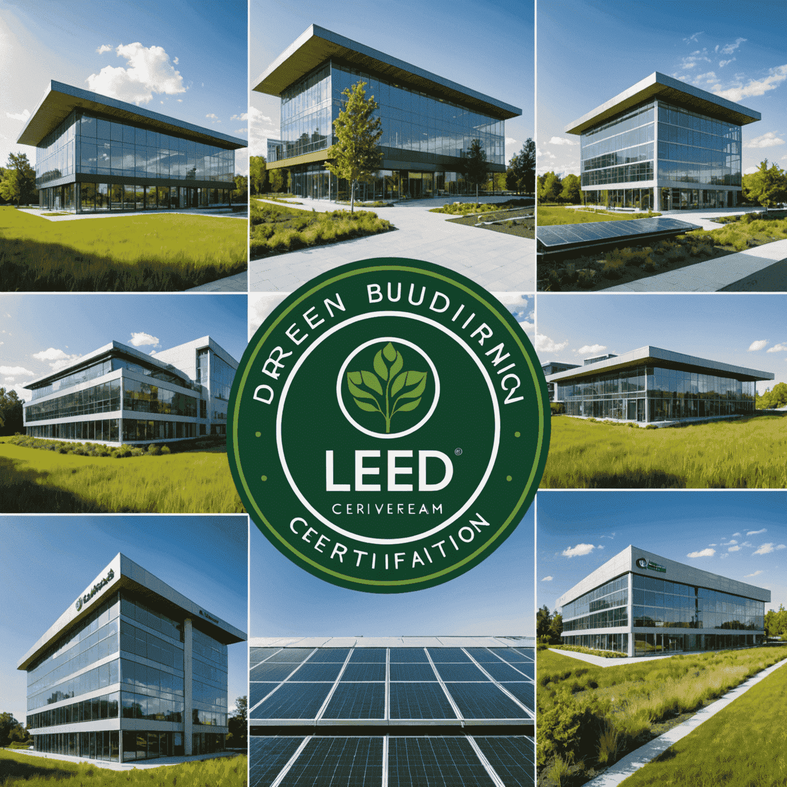 A collage of various green building certification logos including LEED, BREEAM, and WELL, overlaid on a modern, sustainable office building with solar panels and green roof