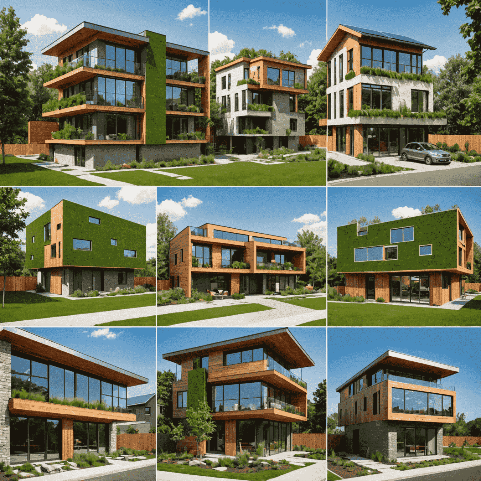 A collage of innovative eco-friendly building materials and green technologies, including solar panels, living walls, and recycled construction components.