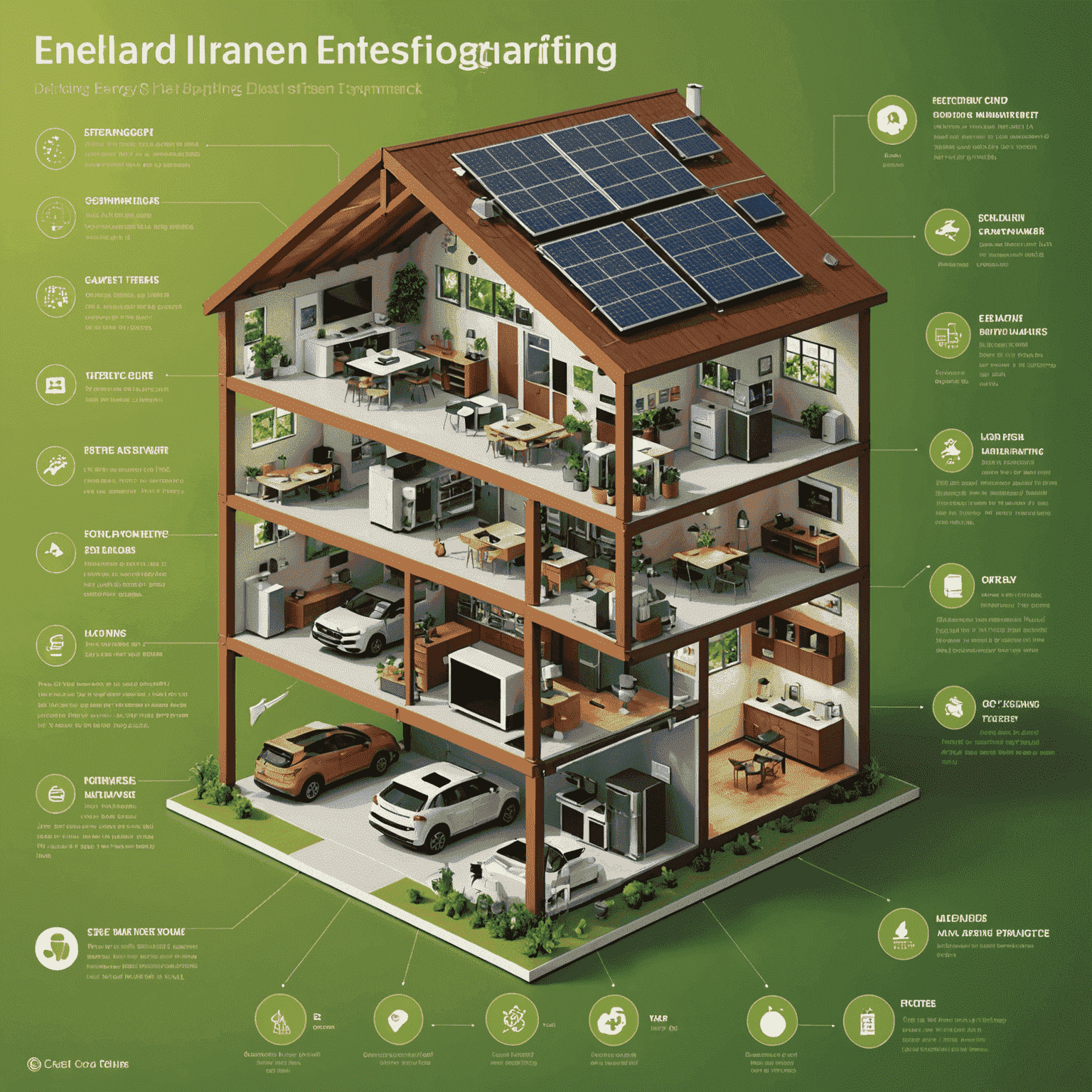 An infographic showing various energy-efficient systems within a building, including solar panels, smart thermostats, LED lighting, and a central energy management dashboard. The image uses a color scheme of greens and browns to emphasize the eco-friendly nature of the technologies.