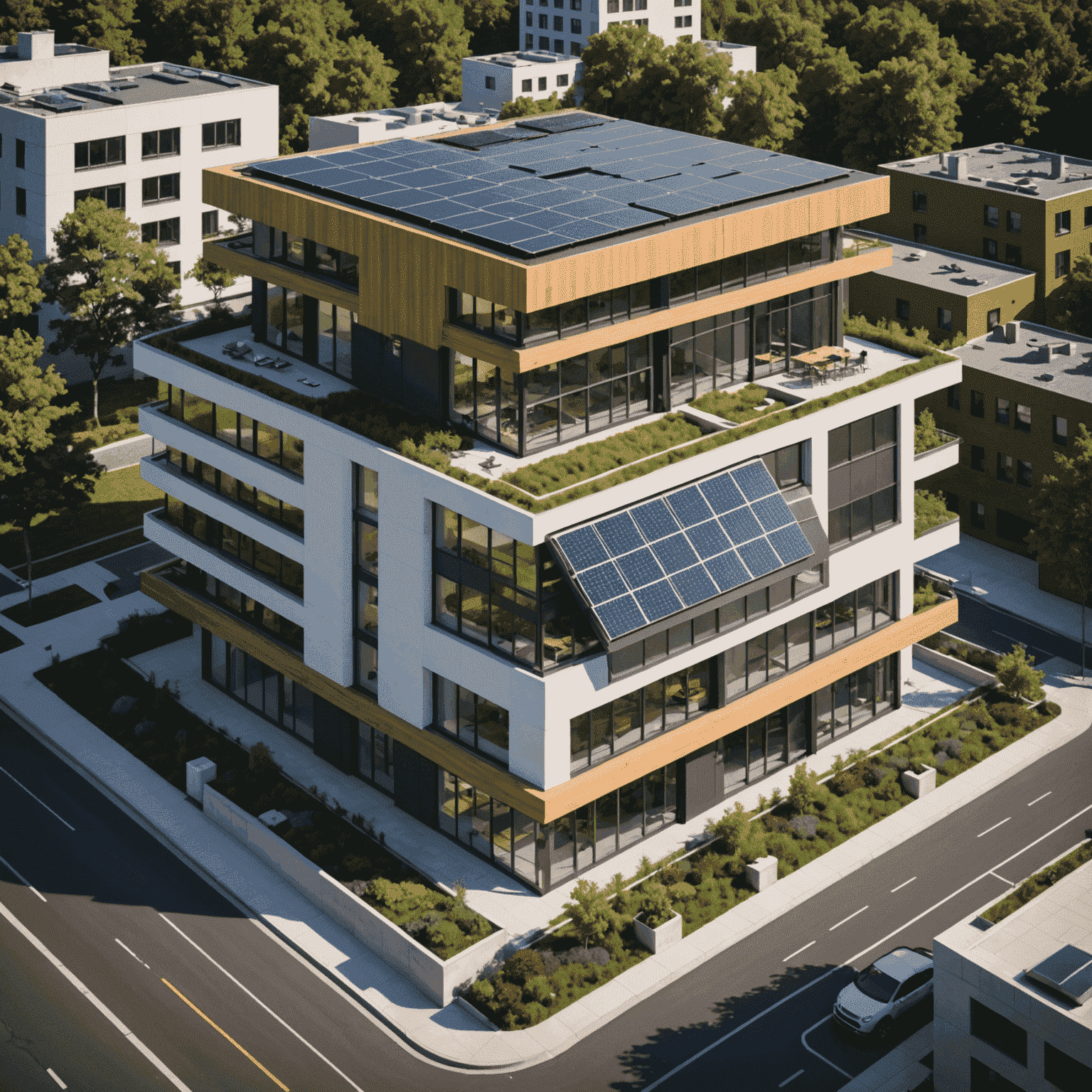 An architectural rendering of a modern building with visible energy-efficient features such as solar panels, green roofs, and smart windows.